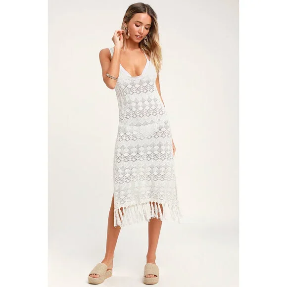 New Lulus Marina Pointe Cream Crochet Tasseled Swim Cover-up Beige - Size S - Picture 1 of 8